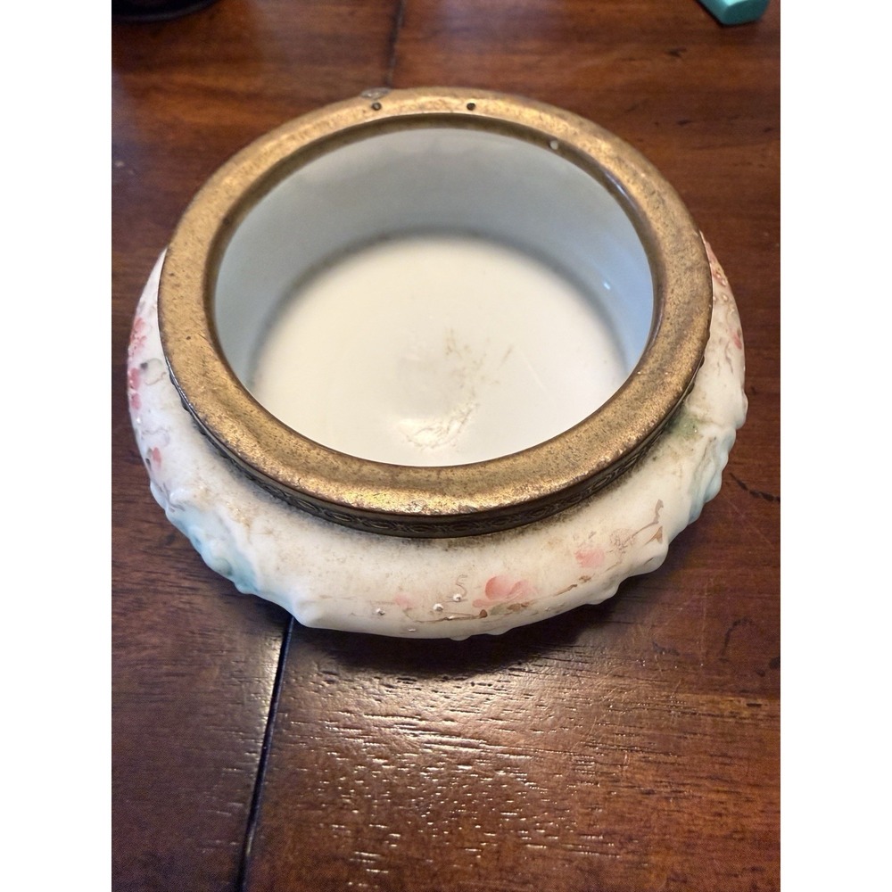 Antique Wave Crest Opal Glass Trinket Dish Pink Floral Embossed Brass Rim c.1900
